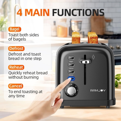 RAMJOY 2-Slice Toaster, Extra-Wide Slots, 7 Shade Settings, 4 Functions, Removable Crumb Tray, 900W, Black Stainless Steel.