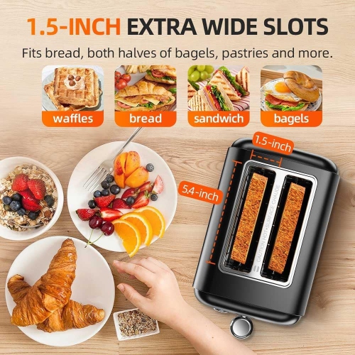 RAMJOY 2-Slice Toaster, Extra-Wide Slots, 7 Shade Settings, 4 Functions, Removable Crumb Tray, 900W, Black Stainless Steel.