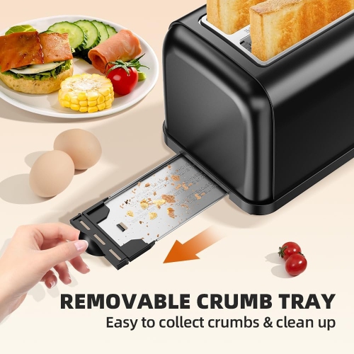 RAMJOY 2-Slice Toaster, Extra-Wide Slots, 7 Shade Settings, 4 Functions, Removable Crumb Tray, 900W, Black Stainless Steel.