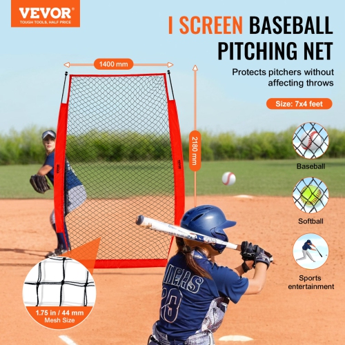 VEVOR 7x4 ft I Screen Baseball for Batting Cage, Baseball & Softball Safety Screen, Batting Screen with Carry Bag & Ground Stakes, Baseball Pitching