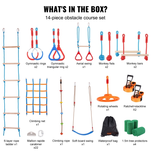 VEVOR 2 x 60 ft Ninja Warrior Obstacle Course for Kids, Weatherproof Slacklines, 500lbs Weight Capacity Monkey Line, Outdoor Equipment, Backyard Toys