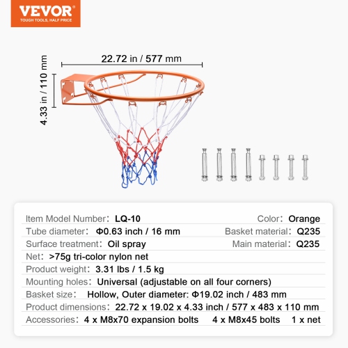 VEVOR Q235 Basketball Rim, Wall Door Mounted Basketball Hoop, Duty Basketball Flex Rim Replacement with Net,Standard 18" Indoor and Outdoor Hanging