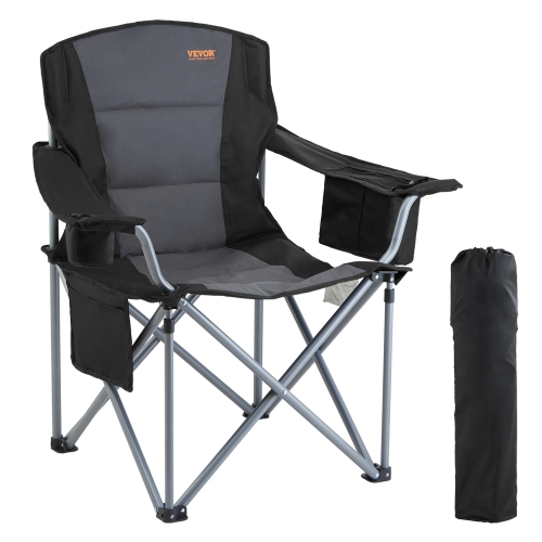 VEVOR Camping Chair for Adults, Heavy Duty Quad Lumbar Back Padded Arm Chairs with Side Pockets, Cup Holder and Cooler Bag for Beach, Lawn, Picnic,
