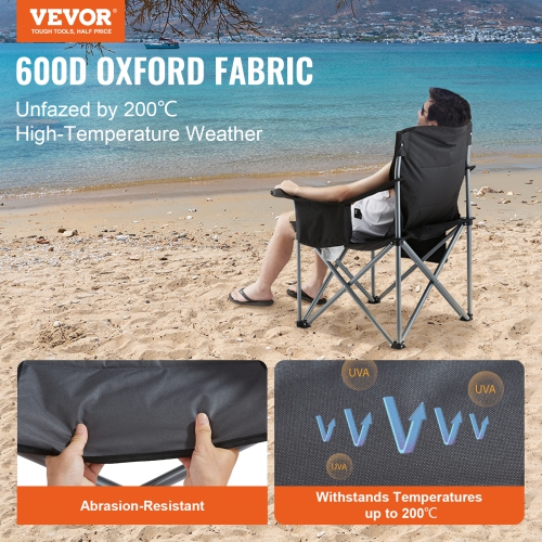 VEVOR Camping Chair for Adults, Heavy Duty Quad Lumbar Back Padded Arm Chairs with Side Pockets, Cup Holder and Cooler Bag for Beach, Lawn, Picnic,