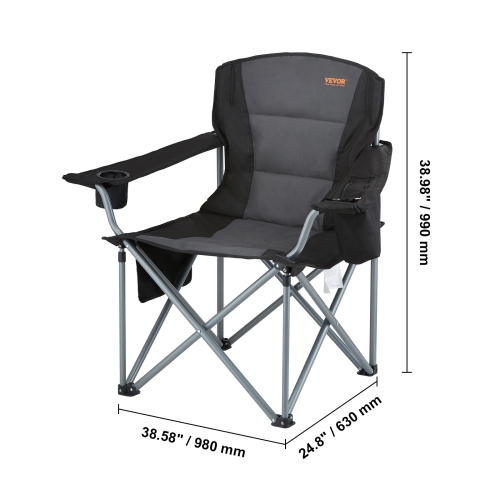 VEVOR Camping Chair for Adults, Heavy Duty Quad Lumbar Back Padded Arm Chairs with Side Pockets, Cup Holder and Cooler Bag for Beach, Lawn, Picnic,