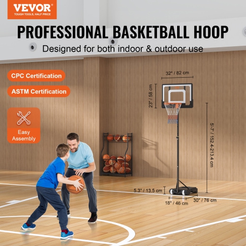 VEVOR 5-7 ft Basketball Hoop, Adjustable Height Portable Backboard System, 32 inch Basketball Hoop & Goal, Kids & Adults Basketball Set with Wheels,