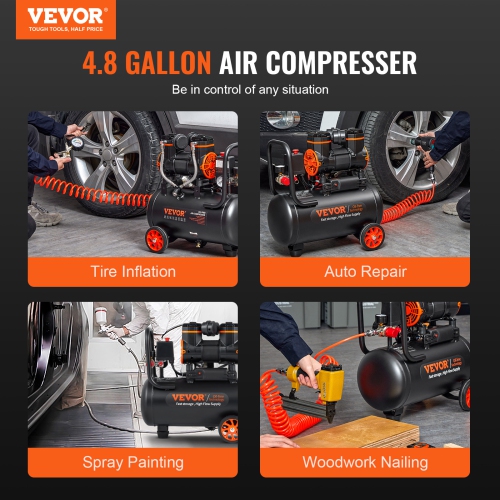 VEVOR 4.8 Gallon Air Compressor, 1.2HP 2.2 CFM@90PSI Oil Free Air Compressor Tank&Max. 116PSI Pressure, 70 dB Ultra Quiet Compressor for Auto Repair,
