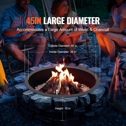 VEVOR 45-Inch Fire Pit Ring, 39-Inch Inner Diameter, 10inch Height Fire Pit Insert,Heavy Duty Carbon Steel Liner DIY Campfire Ring above or