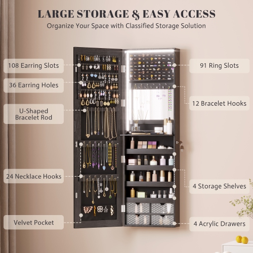 Vlsrka 47.2" LED Jewelry Mirror Cabinet, Wall/Door Mounted Jewelry Armoire Organizer , Large Storage Hanging Cabinet, 4 Drawers, 5 Shelves, Built-in