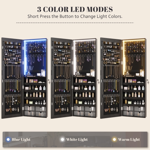 Vlsrka 47.2" LED Jewelry Mirror Cabinet, Wall/Door Mounted Jewelry Armoire Organizer , Large Storage Hanging Cabinet, 4 Drawers, 5 Shelves, Built-in