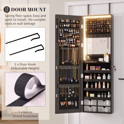 Vlsrka 47.2" LED Jewelry Mirror Cabinet, Wall/Door Mounted Jewelry Armoire Organizer , Large Storage Hanging Cabinet, 4 Drawers, 5 Shelves, Built-in