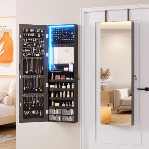 Vlsrka 47.2" LED Jewelry Mirror Cabinet, Wall/Door Mounted Jewelry Armoire Organizer , Large Storage Hanging Cabinet, 4 Drawers, 5 Shelves, Built-in