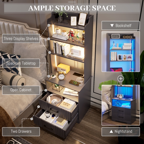 Vlsrka Tall Nightstand with Charging Station, 54" Smart Nightstand with LED Lights, Modern Night Stand with Bookshelf, Bedside Tables with Storage