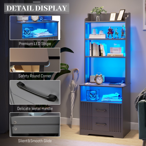 Vlsrka Tall Nightstand with Charging Station, 54" Smart Nightstand with LED Lights, Modern Night Stand with Bookshelf, Bedside Tables with Storage