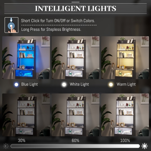 Vlsrka Tall Nightstand with Charging Station, 54" Smart Nightstand with LED Lights, Modern Night Stand with Bookshelf, Bedside Tables with Storage