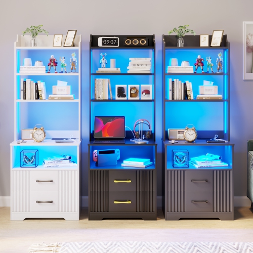 Vlsrka Tall Nightstand with Charging Station, 54" Smart Nightstand with LED Lights, Modern Night Stand with Bookshelf, Bedside Tables with Storage