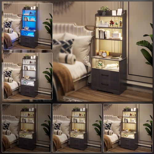 Vlsrka Tall Nightstand with Charging Station, 54" Smart Nightstand with LED Lights, Modern Night Stand with Bookshelf, Bedside Tables with Storage