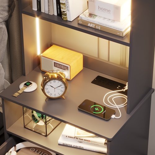 Vlsrka Tall Nightstand with Charging Station, 54" Smart Nightstand with LED Lights, Modern Night Stand with Bookshelf, Bedside Tables with Storage