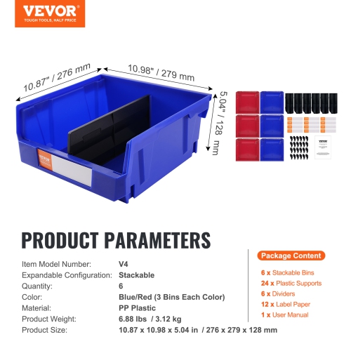 VEVOR 11-Inch x 11-Inch x 5-Inch Plastic Storage Bin, Hanging Stackable Storage Organizer Bin, Blue/Red, 6-Pack, Heavy Duty Stacking Containers for
