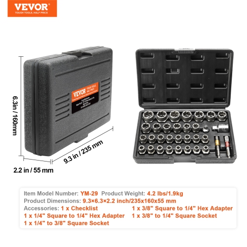 VEVOR 29-Piece Bolt Extractor Set, Bolt and Nut Remover Set, 6mm to 10mm, 13/32" to 3/4", CR-MO Steel Extraction Socket Set with Storage Case, for