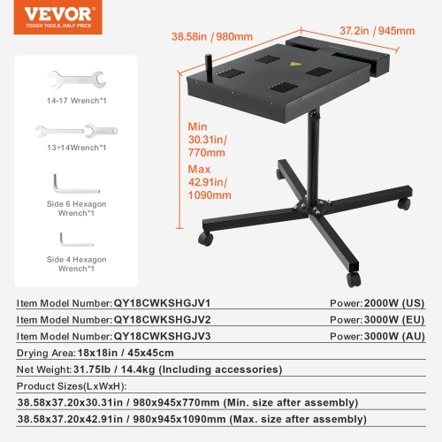 VEVOR 18x18 inch Pro Flash Dryer, Upgrade 2000W Flash Dryer for Screen Printing Machine, 0-750℉ Temperature Control, with Height Adjustable Stand,