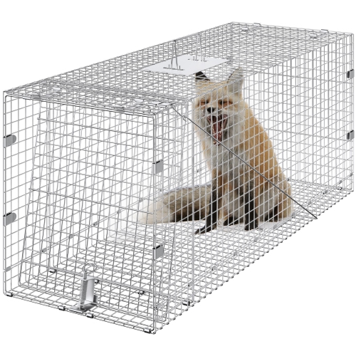 Image 1 de 9.. Piège à cage pour animaux vivants de 42 x 16 x 18&nbsp;po de VEVOR, fer galvanisé Humane Cat Trap, piège à animaux pliable avec poignée pour chiens