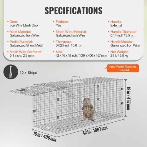 Piège à cage pour animaux vivants de 42 x 16 x 18&nbsp;po de VEVOR, fer galvanisé Humane Cat Trap, piège à animaux pliable avec poignée pour chiens