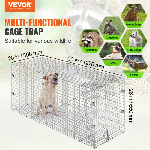 VEVOR 50" x 20" x 26" Humane Live Animal Trap, Crafted from Galvanized Iron, Collapsible Design with Carrying Handle for Capturing Stray Dogs,