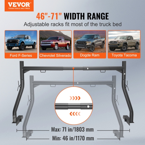 VEVOR 46-71inch Width, Truck Rack, 800 lbs Capacity, Extendable Steel Ladder Rack for Truck with 4 Non-Drilling J-bolts, Heavy Duty Truck Bed Rack