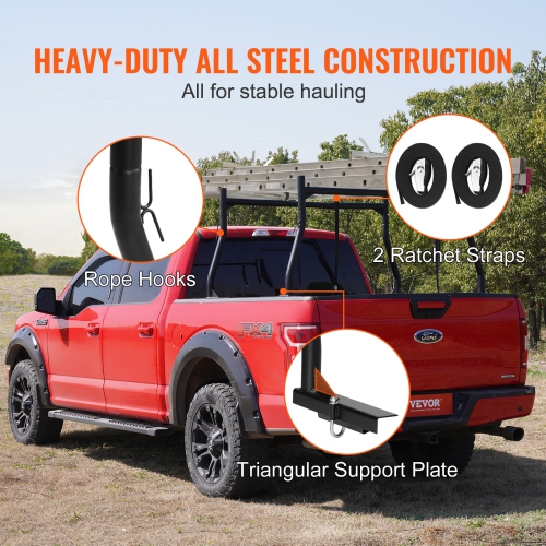 VEVOR 46-71inch Width, Truck Rack, 800 lbs Capacity, Extendable Steel Ladder Rack for Truck with 4 Non-Drilling J-bolts, Heavy Duty Truck Bed Rack