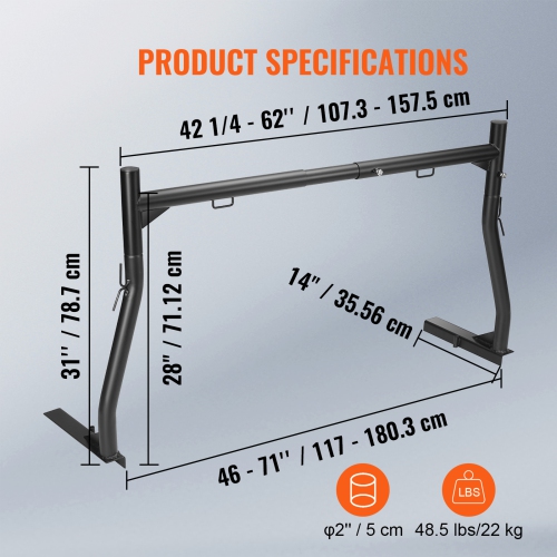 VEVOR 46-71inch Width, Truck Rack, 800 lbs Capacity, Extendable Steel Ladder Rack for Truck with 4 Non-Drilling J-bolts, Heavy Duty Truck Bed Rack