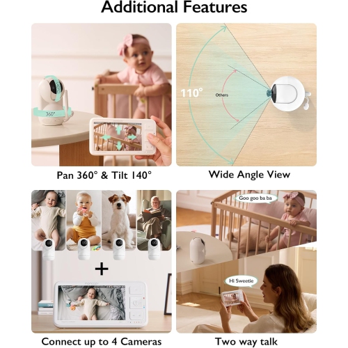 Momcozy Video Baby Monitor, 5.5” 1080P Full HD Baby Monitor with Camera No WiFi, Infrared Night Vision, 5800mAh 120-hrs Battery, ECO, VOX, 2-Way