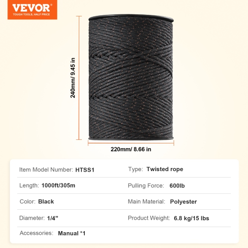 VEVOR 1/4" Diameter ,Electric Fence Wire, 1000Ft 305M Portable Polywire, 2 Copper Strands for Reliable Conductivity and Rust Resistance, Fencing Rope