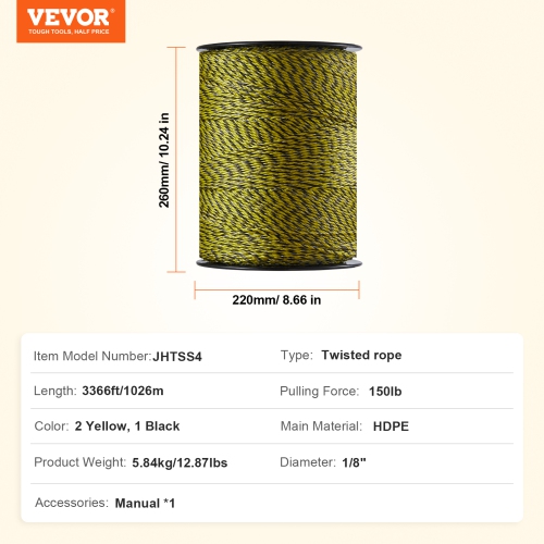 VEVOR 1/8" Diameter ,Electric Fence Wire, 3366Ft 1026M Portable Polywire, 6 Stainless Steel Strands for Reliable Conductivity and UV, Rust