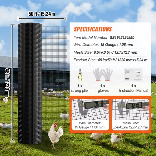 VEVOR 48in x 50ft Hardware Cloth, Galvanized Wire Mesh Roll, 19 Gauge Chicken Wire Fence Roll, Vinyl Coating Metal Wire Mesh for Chicken Coop