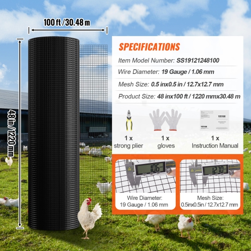 VEVOR 48in x 100ft Hardware Cloth, Galvanized Wire Mesh Roll, 19 Gauge Chicken Wire Fence Roll, Vinyl Coating Metal Wire Mesh for Chicken Coop
