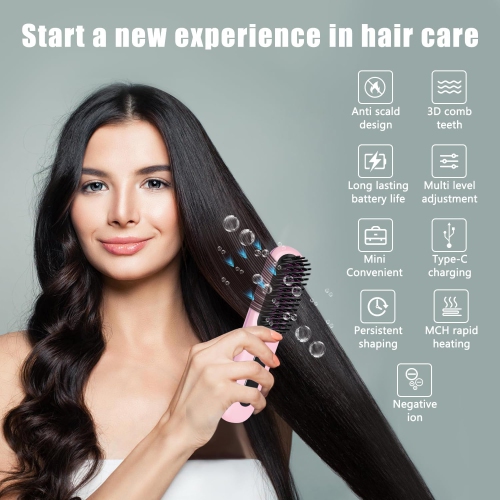 Portable Straightener Brush,Cordless Hair Straightener Comb,Mini Hair Straightening Iron,Rechargeable Mini Hair Straightener for Women