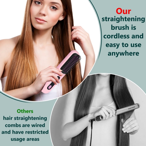 Portable Straightener Brush,Cordless Hair Straightener Comb,Mini Hair Straightening Iron,Rechargeable Mini Hair Straightener for Women