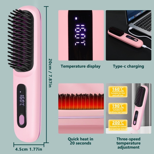 Portable Straightener Brush,Cordless Hair Straightener Comb,Mini Hair Straightening Iron,Rechargeable Mini Hair Straightener for Women