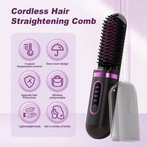 Cordless Hair Straightener Brush & Travel Hair Brush,4-Temp LCD Display,Anti-Scald,Portable Mini Beard Straightener,Hot Comb Styling Tool with