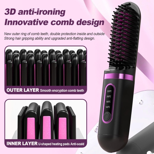 Cordless Hair Straightener Brush & Travel Hair Brush,4-Temp LCD Display,Anti-Scald,Portable Mini Beard Straightener,Hot Comb Styling Tool with