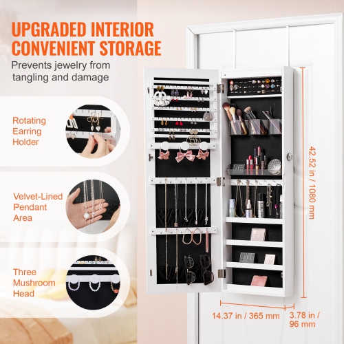 Armoire à bijoux à miroir de 42,52&nbsp;po VEVOR, armoire à bijoux verrouillable avec miroir pleine longueur, range-miroir mural ou monté sur porte ,