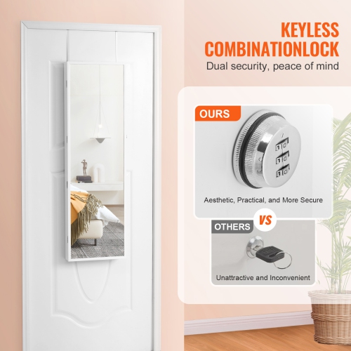 VEVOR 47.05-Inch Tall Mirror Jewelry Cabinet, Lockable Jewelry Cabinet Armoire with Full-Length Mirror, Wall or Door Mounted Jewelry Mirror Organizer