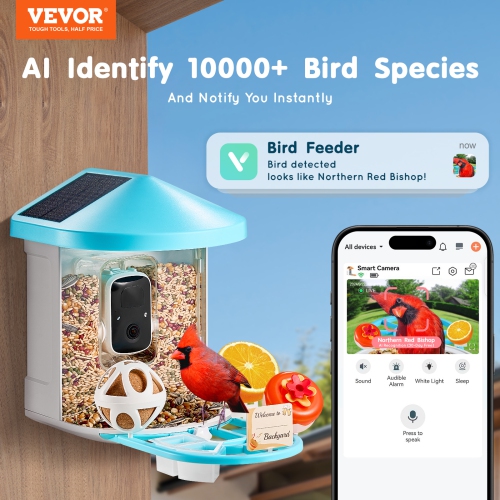 VEVOR Smart Bird Feeder with Camera, 2K HD AI Identify 10000+ Bird Species, Solar-Powered Bird Watching Camera with Auto Capture & Instant Notify