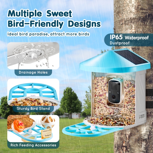 VEVOR Smart Bird Feeder with Camera, 2K HD AI Identify 10000+ Bird Species, Solar-Powered Bird Watching Camera with Auto Capture & Instant Notify