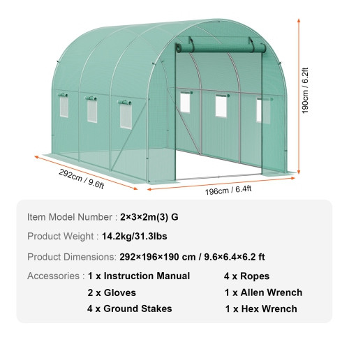 VEVOR 9.6x6.4x6.2 ft Walk-in Tunnel Greenhouse, Hoop House Greenhouse Tunnel, Plant Hot House with Galvanized Steel Frame, Green PE Cover, Roll-up