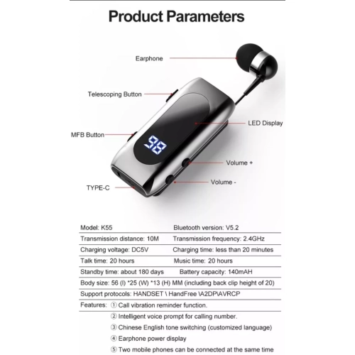 Lavalier retractable hands-free wireless Bluetooth headset Pull-wire smart Bluetooth headset sports single ear in-ear black