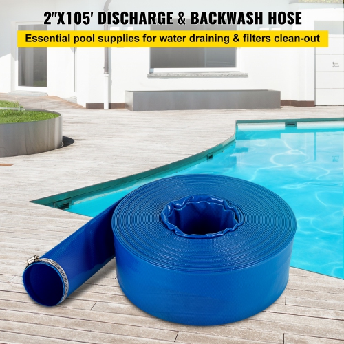 VEVOR 2" x 105' Discharge Hose, PVC Fabric Lay Flat Hose, Heavy Duty Backwash Drain Hose with Clamps, Weather-proof & Burst-proof, Ideal for Swimming
