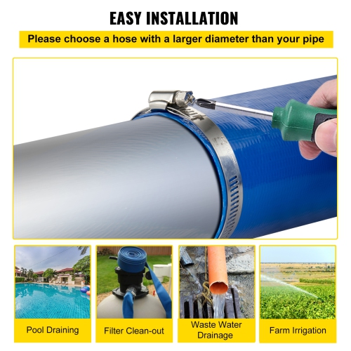VEVOR 2" x 105' Discharge Hose, PVC Fabric Lay Flat Hose, Heavy Duty Backwash Drain Hose with Clamps, Weather-proof & Burst-proof, Ideal for Swimming