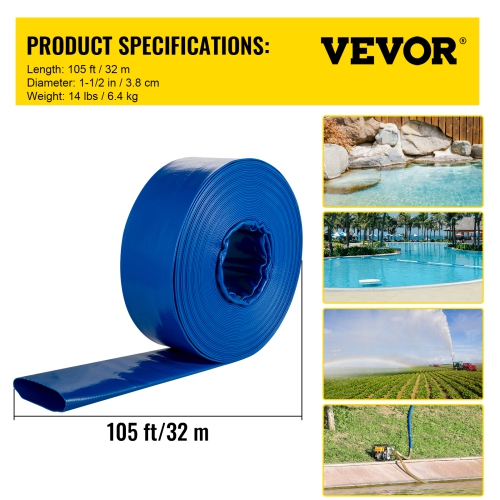 VEVOR 1-1/2" x 105' Discharge Hose, PVC Fabric Lay Flat Hose, Heavy Duty Backwash Drain Hose with Clamps, Weather-proof&Burst-proof, Ideal for